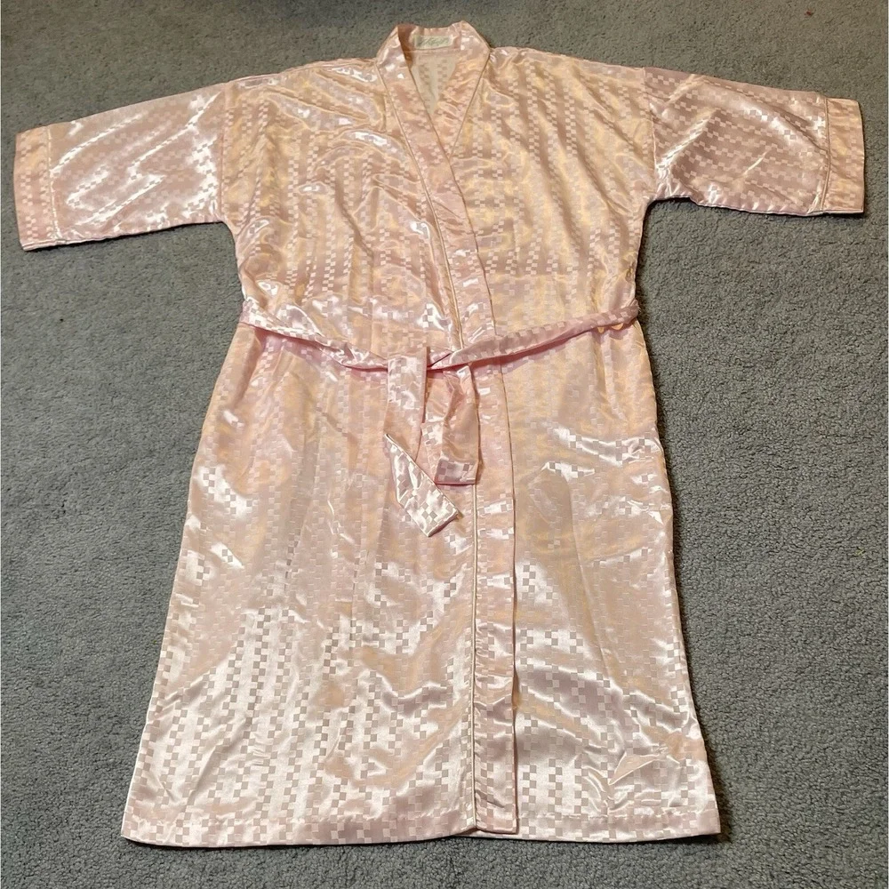 Vtg Lord & Taylor Kimono Long Robe Women's Intimate Sz M Pink Satin Check Pocket